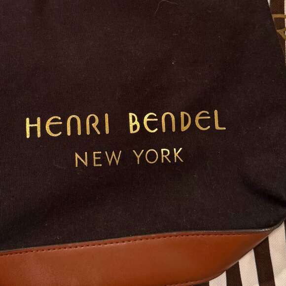 Henri Bendel New York Black Canvas Faux Leather Drawstring Bucket Backpack 13” - Picture 1 of 3